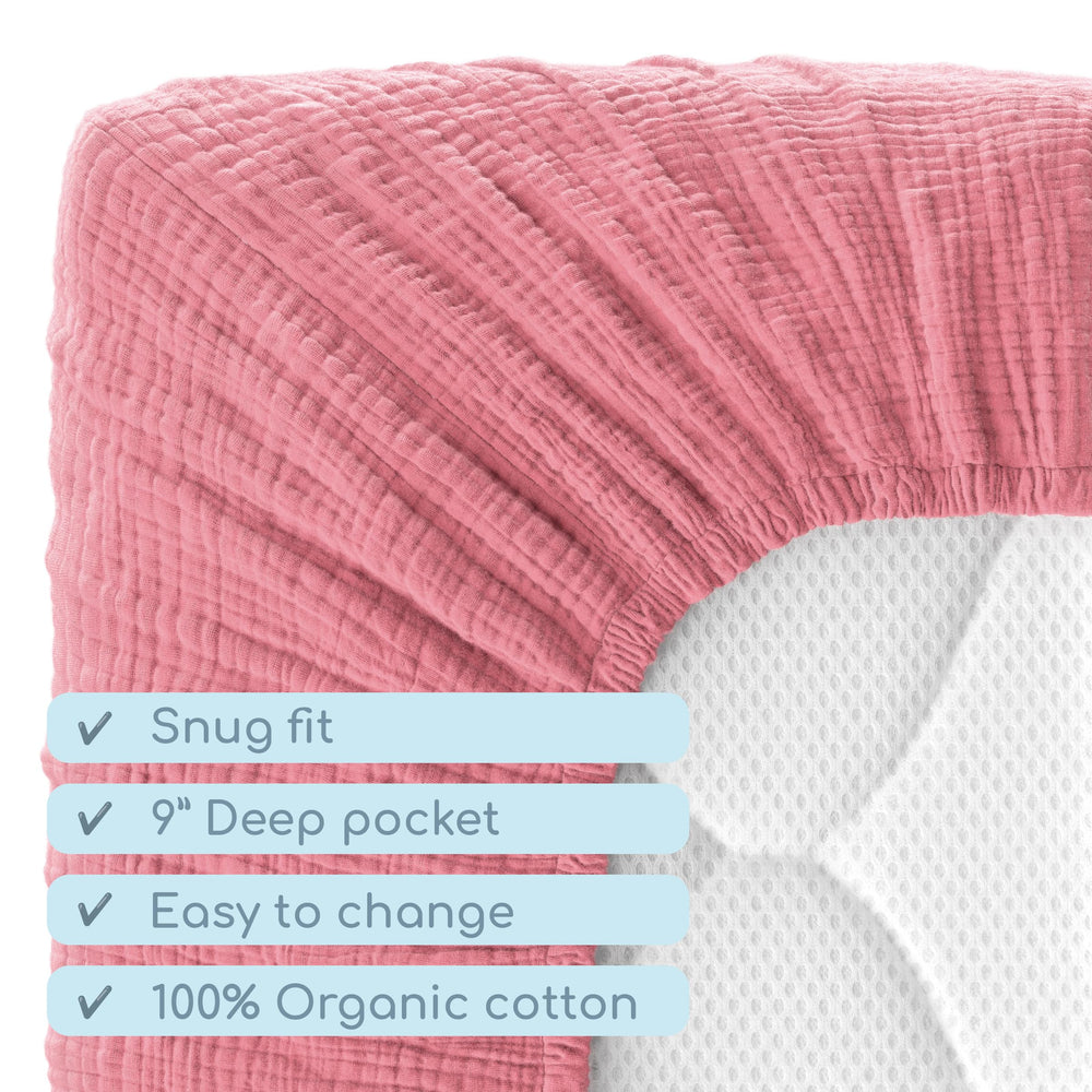 ROMY RO Muslin crib sheet—elastic band ensures a snug, wrinkle-free fit.