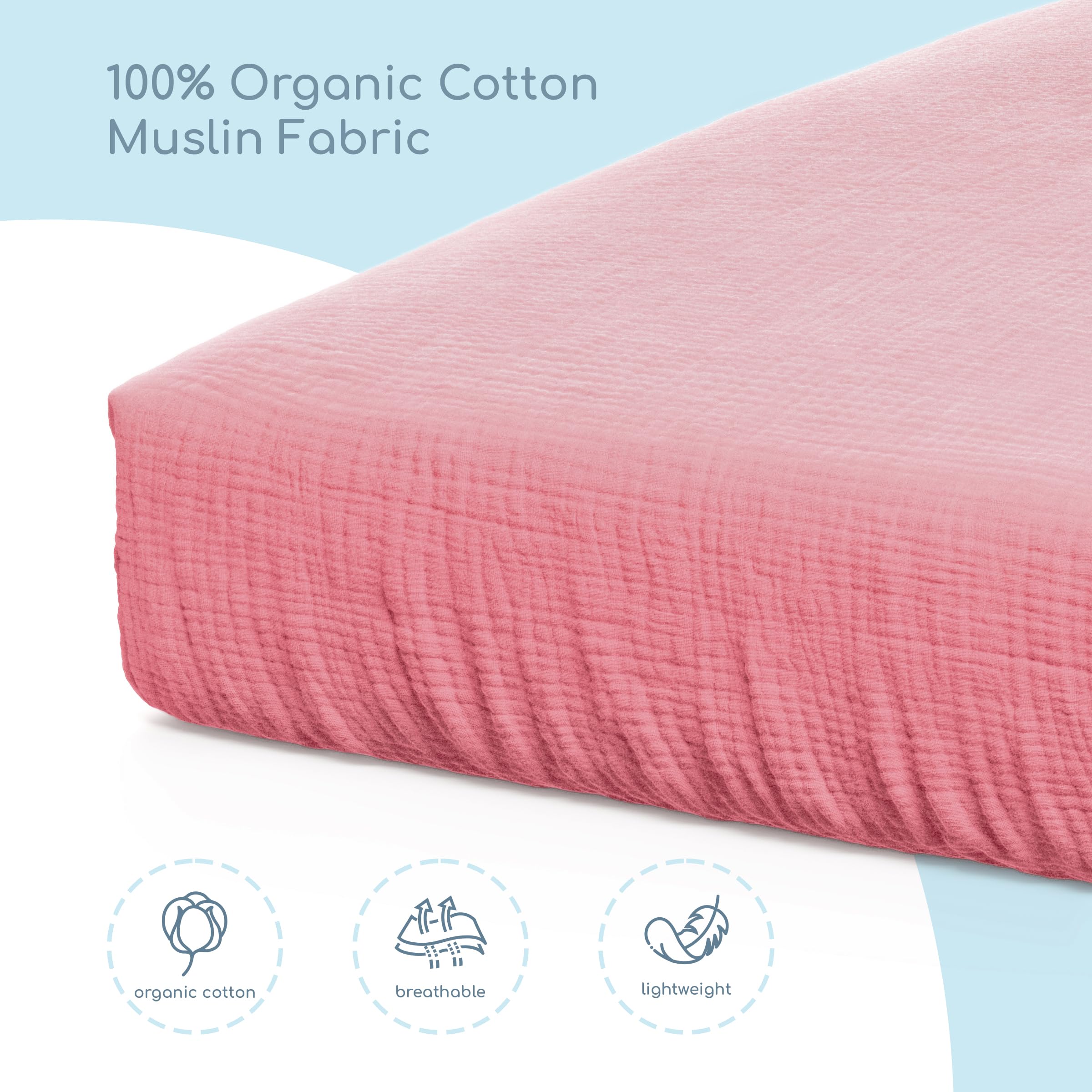 ROMY RO Muslin crib sheet—standard 28x52 inch fit for common crib mattresses.