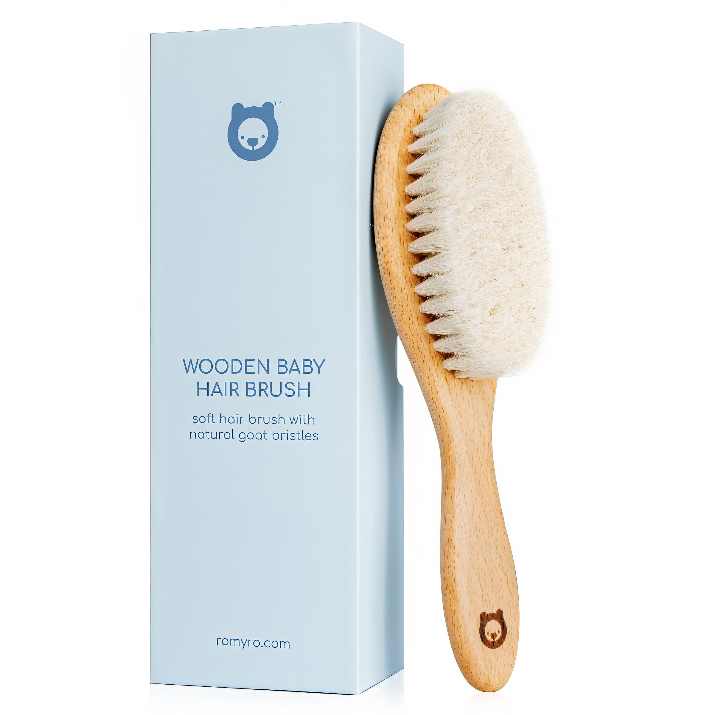 ROMY RO soft wooden baby hair brush in box showcases a registry gift option.
