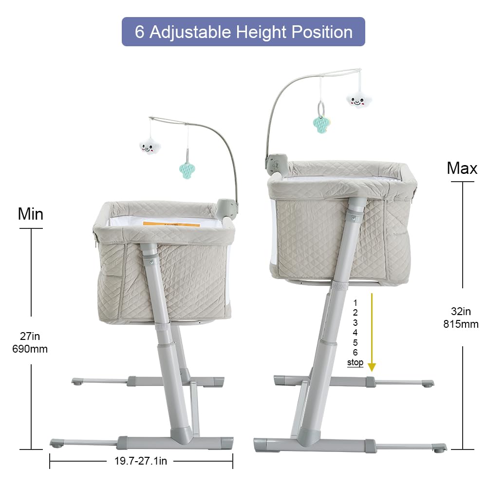 RONBEI adjustable-height bassinet demonstrates six height positions for beds and sofas.
