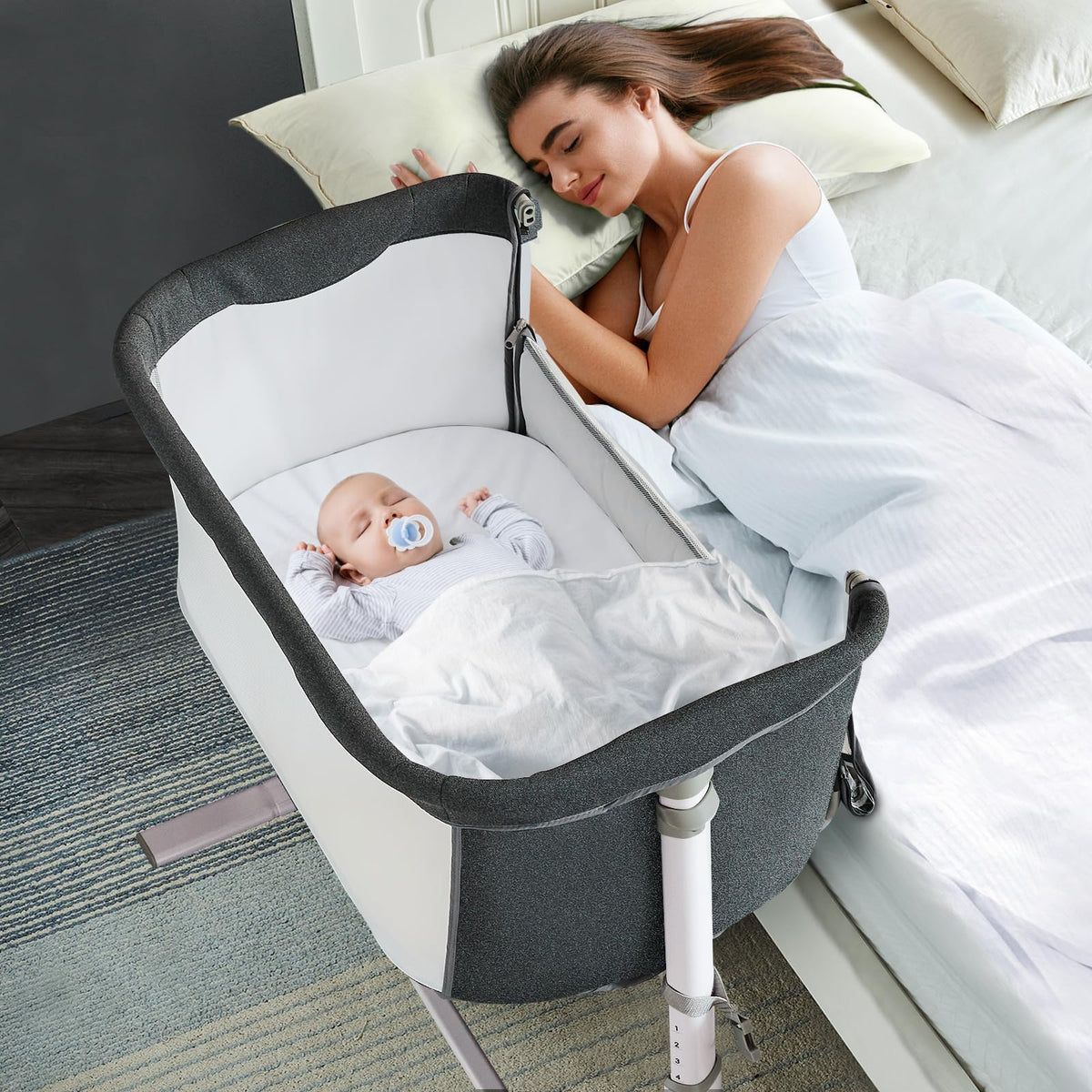 RONBEI baby bassinet bedside sleeper assembled side view for close nighttime access