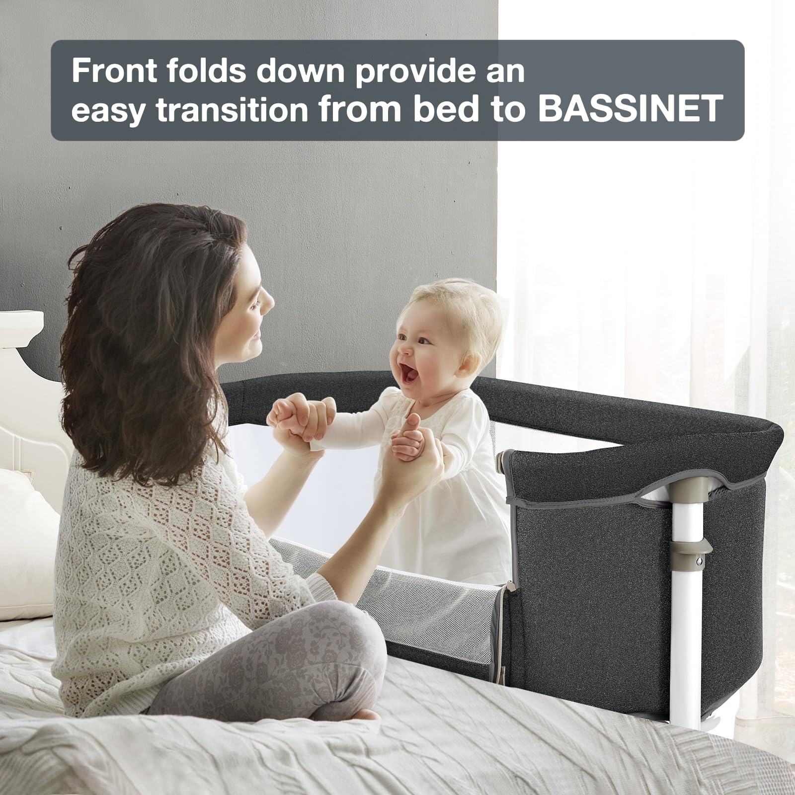 RONBEI bedside sleeper showing six height levels to match bed height