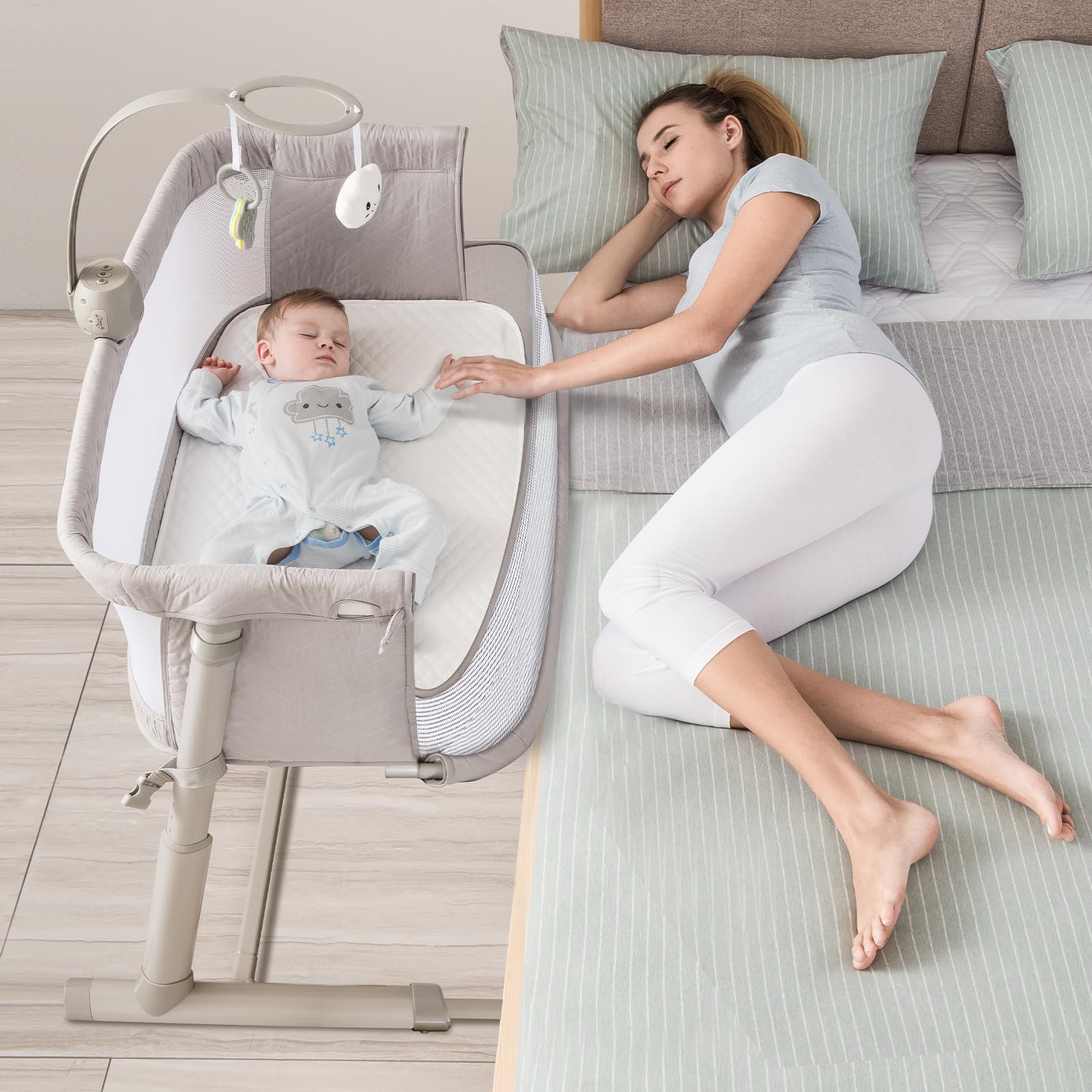 RONBEI Baby Bassinet bedside sleeper with breathable mesh for safe, close-to-bed viewing.