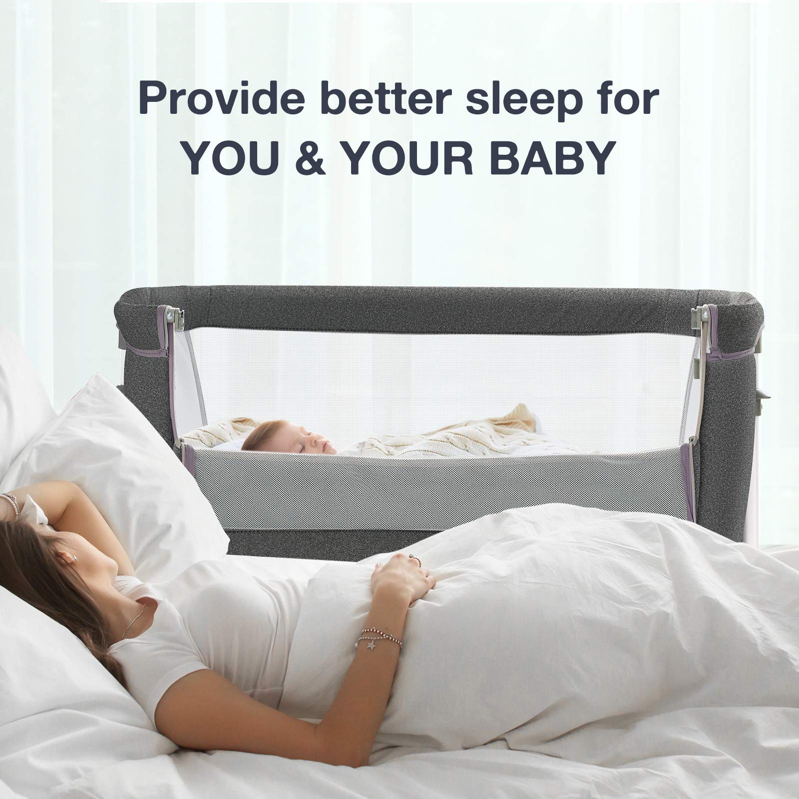 RONBEI bedside bassinet height adjustment highlights flexible sleep setup.