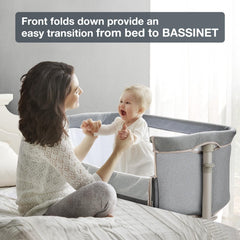 RONBEI Baby Bassinet shows height adjustment feature aligning with bed height.