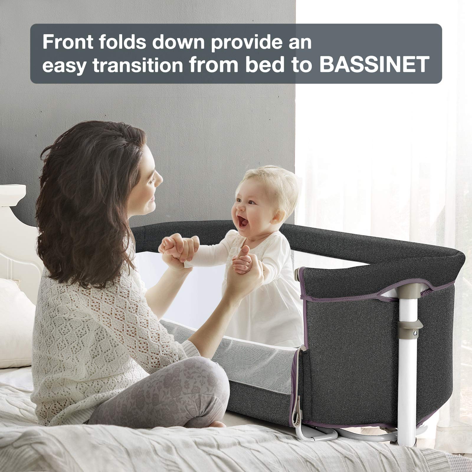 RONBEI bedside bassinet with mesh sides improves visibility and airflow.