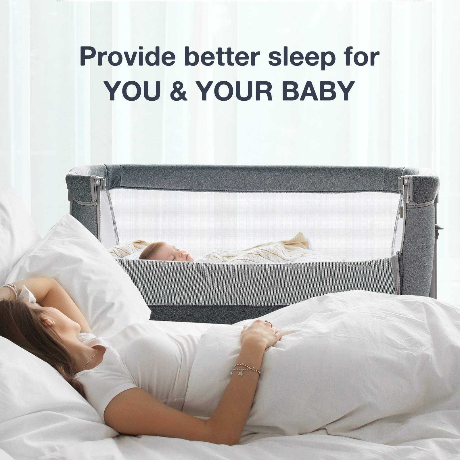 RONBEI Baby Bassinet mesh walls provide breathability and visibility for monitoring.