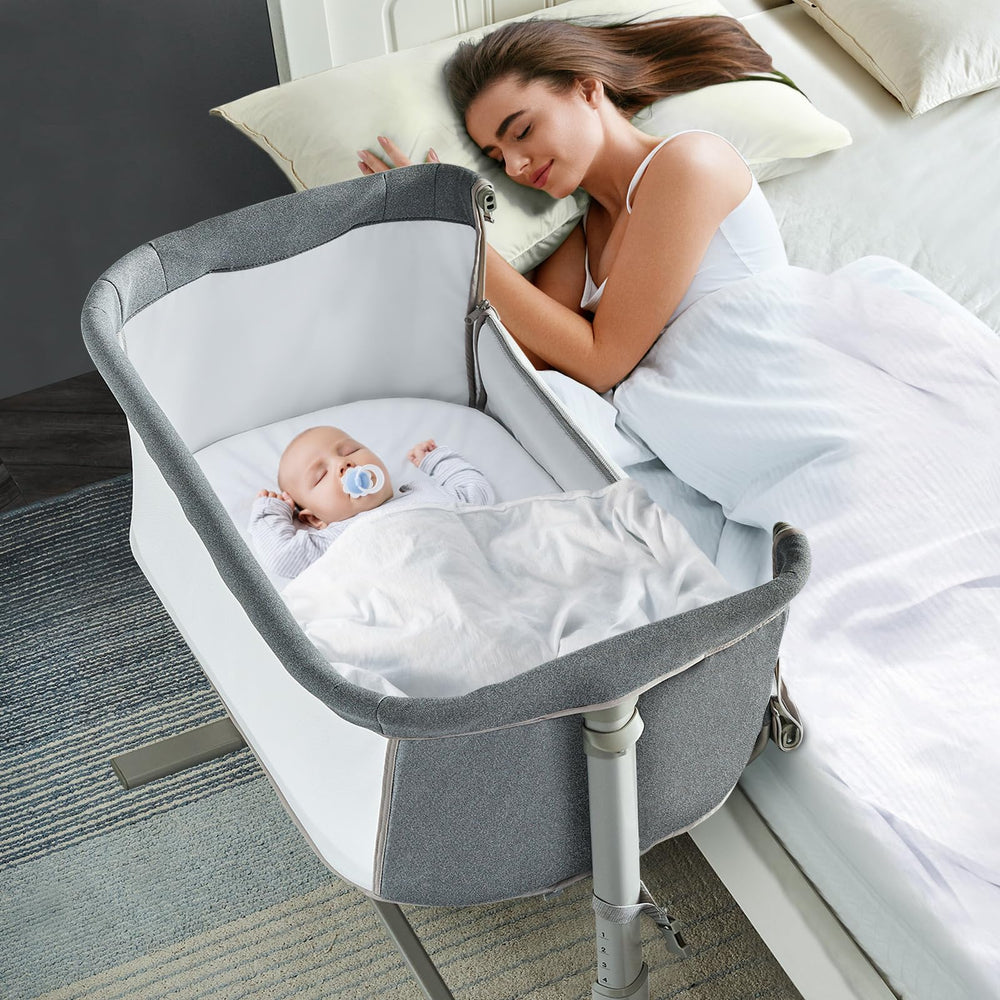 RONBEI Baby Bassinet side view demonstrates accessible height for nighttime feeding.