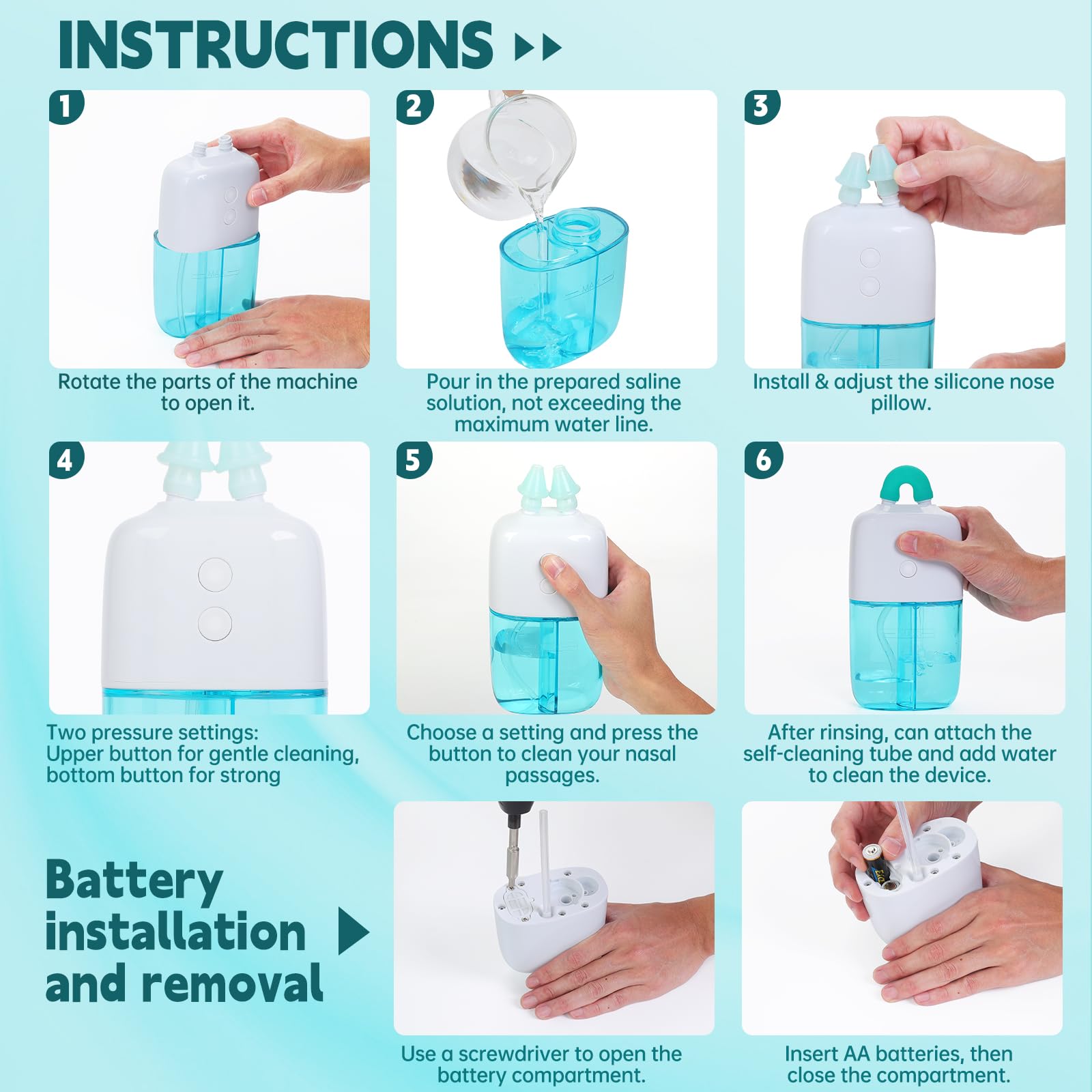 Ronfnea nasal irrigator battery compartment reveals portable power for travel.
