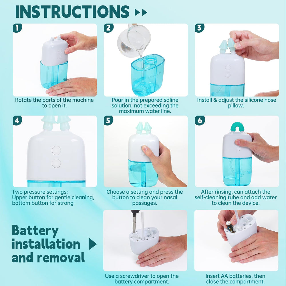 Ronfnea nasal irrigator battery compartment reveals portable power for travel.