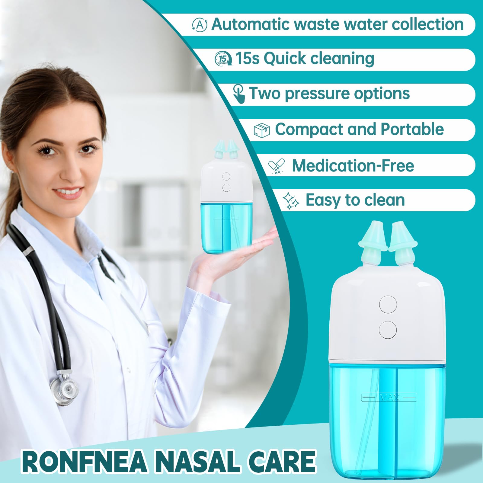 Ronfnea nasal irrigator compact travel size in hand demonstrates portability.