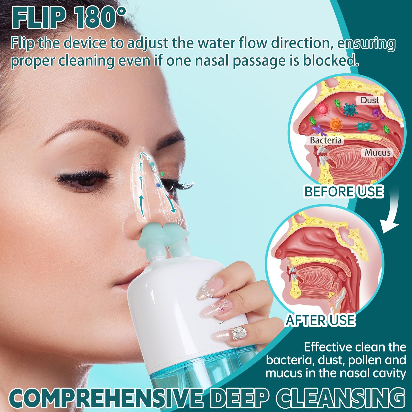 Ronfnea nasal irrigator waste chamber closeup highlights hygienic waste separation.