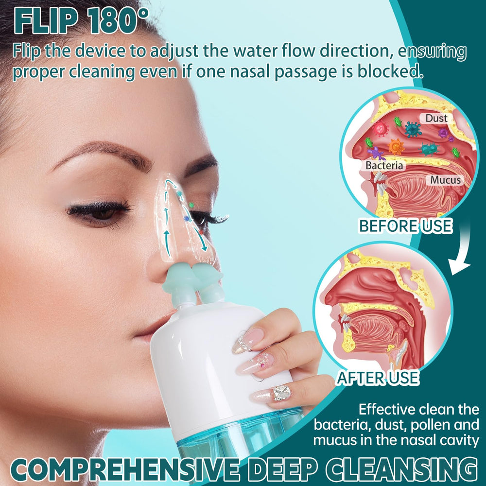 Ronfnea nasal irrigator waste chamber closeup highlights hygienic waste separation.