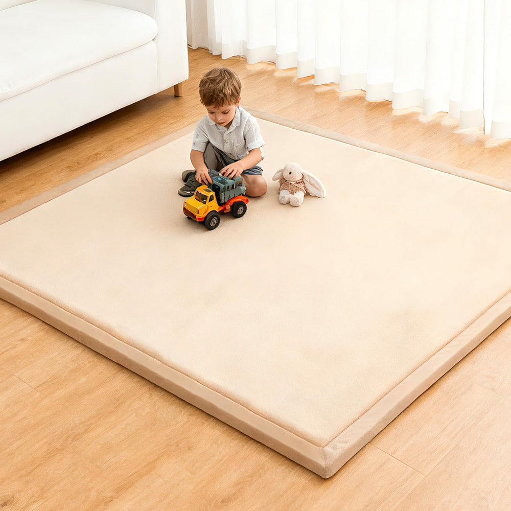 RONGFA baby play mat with coral velvet cover close-up showing plush softness for tummy time.