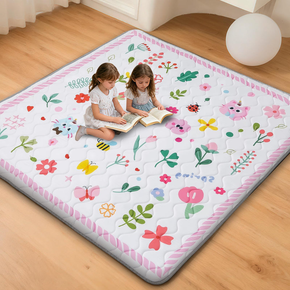 RONGFA flower-pattern play mat in living room illustrates versatile play space.