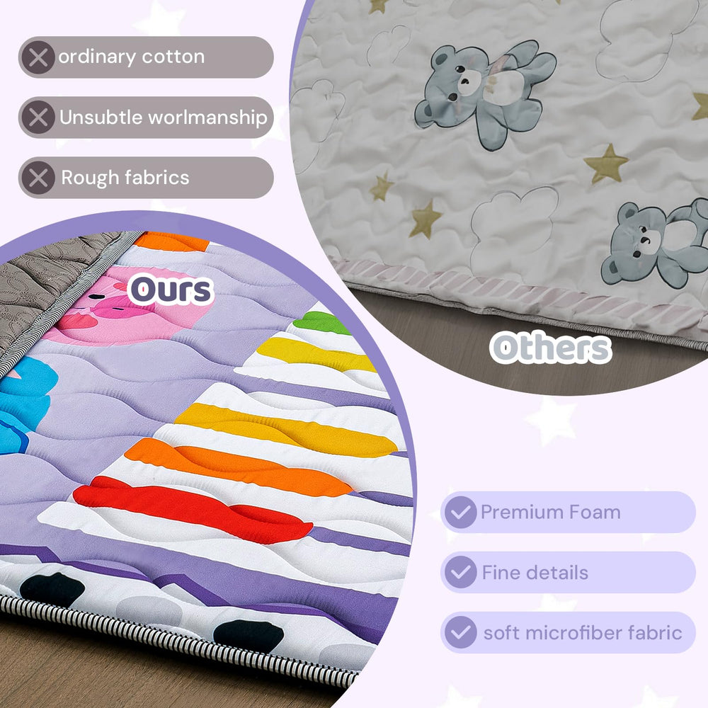 RONGFA baby play mat room setup showing generous 50x50 size for shared play