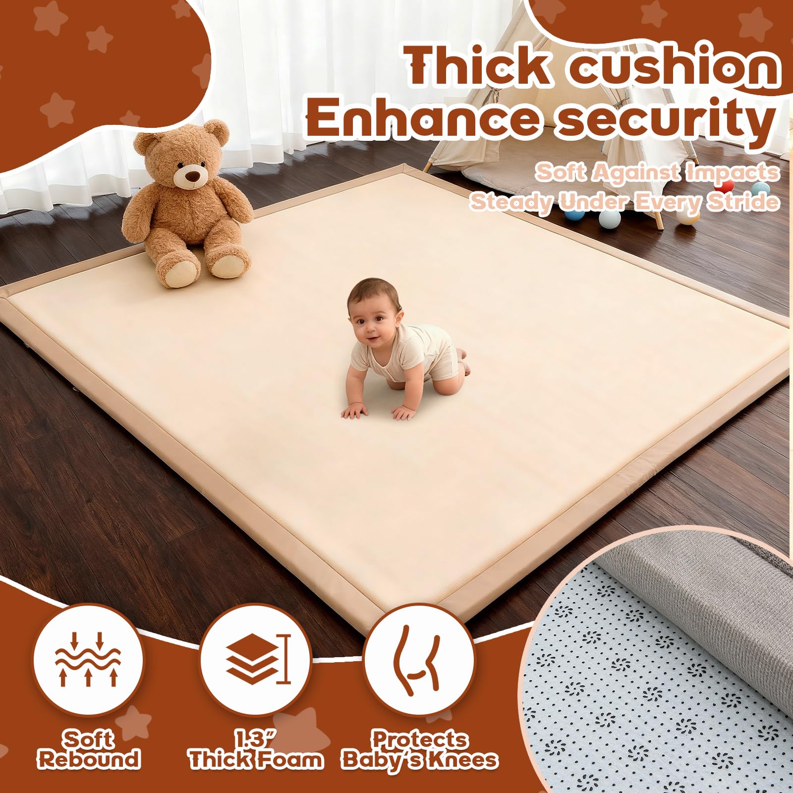 RONGFA tummy time use shows child resting and exploring on cushioned surface.
