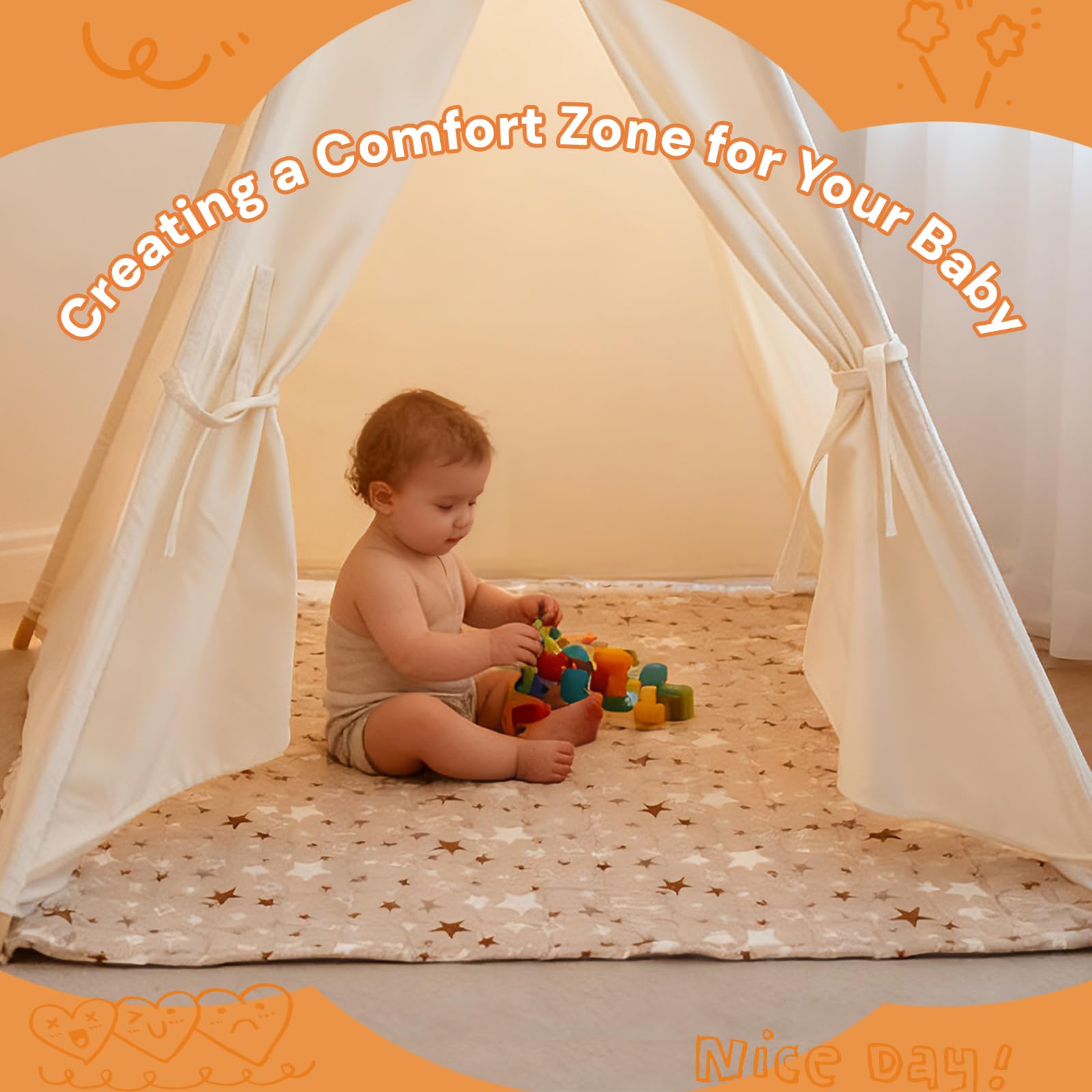 RongFa Teepee Tent Mat non-slip back keeps mat in place during active play.