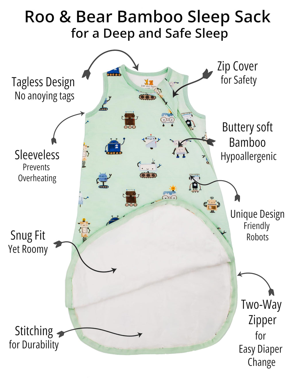 Roo and Bear two-way zipper sleep sack enables quick changes from either end
