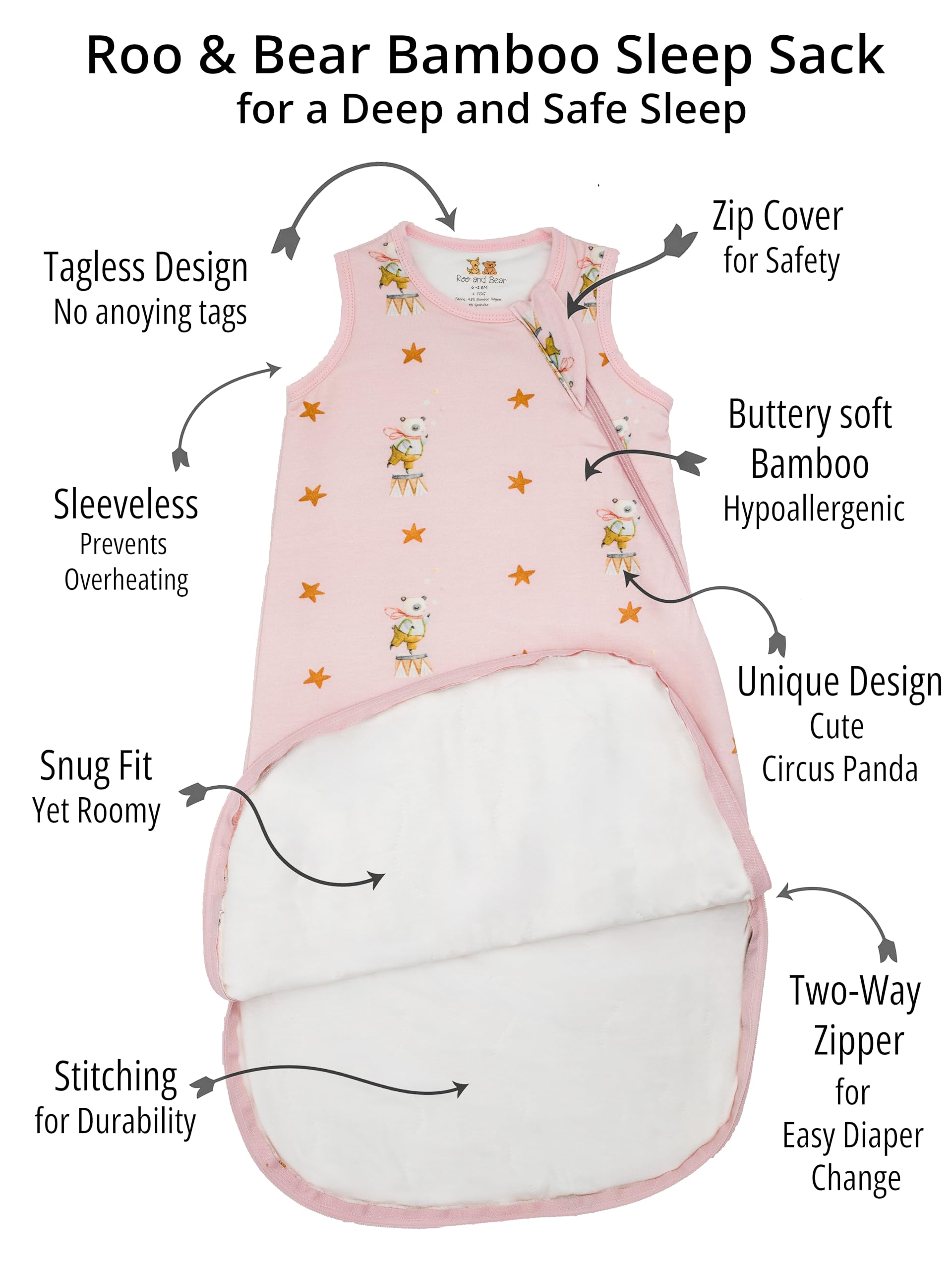 Roo and Bear sleep sack pink Circus Panda on baby for comfortable nighttime wear