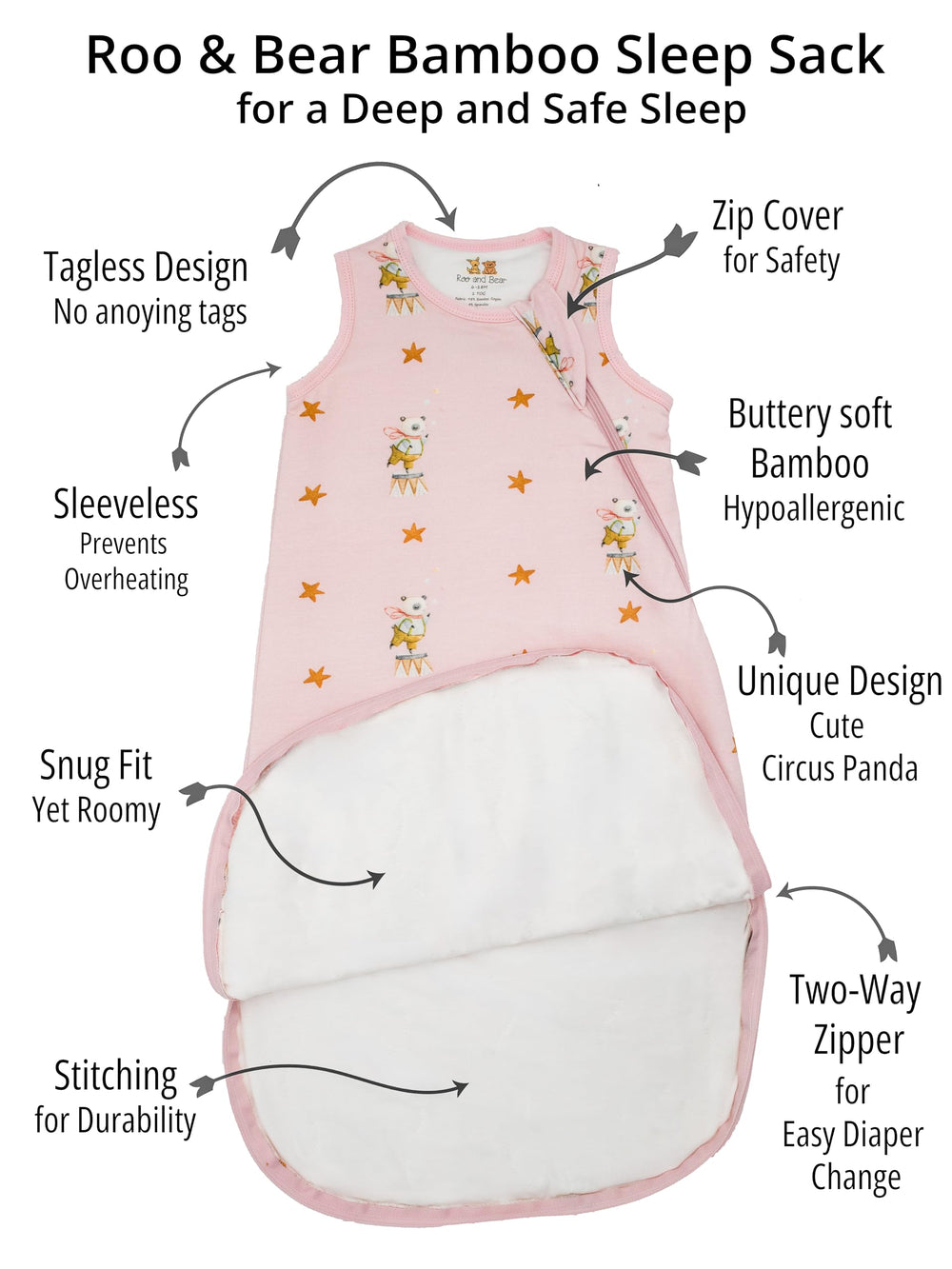 Roo and Bear sleep sack pink Circus Panda on baby for comfortable nighttime wear