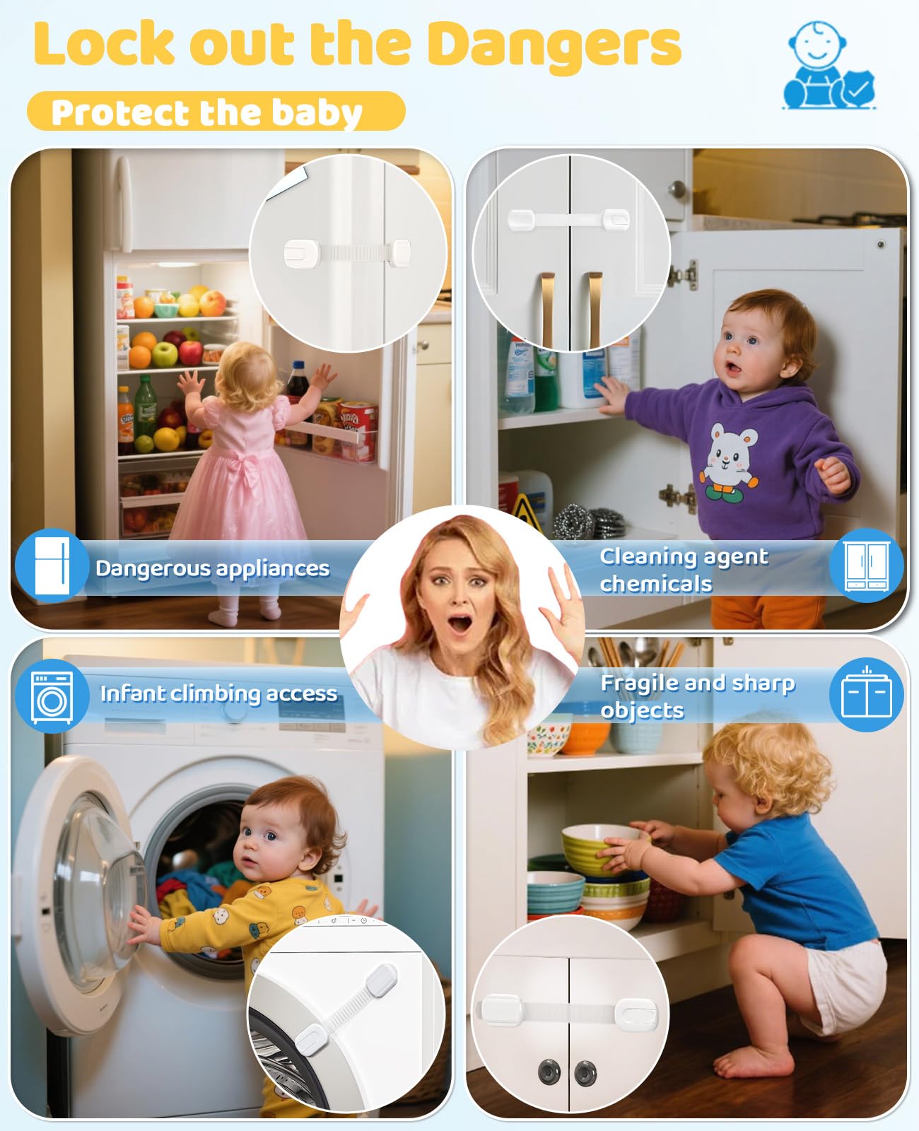 Tear-resistant strap detail on Roocickee cabinet lock for durable safety.