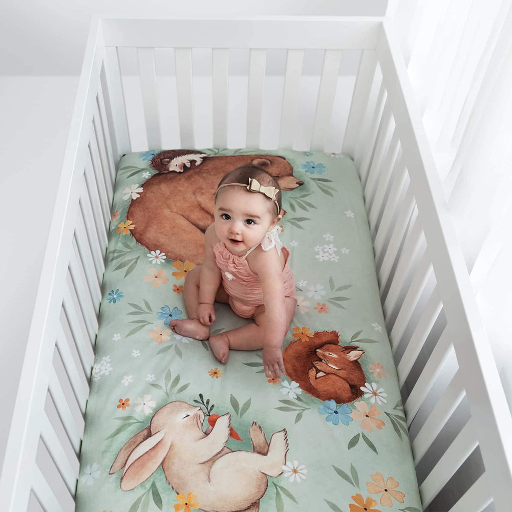 Rookie Humans Enchanted Meadow crib sheet colors stay vibrant after washes.