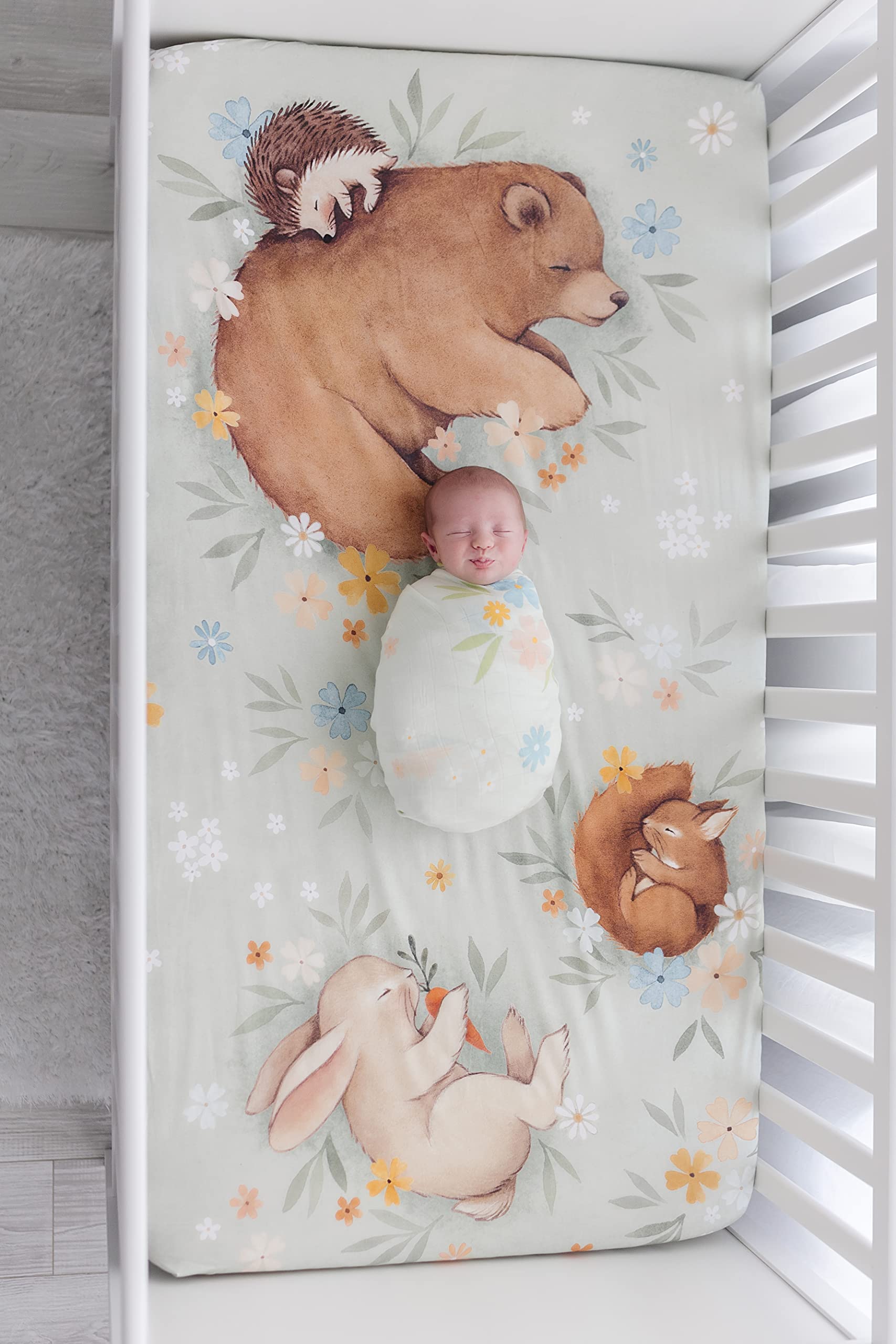 Rookie Humans Enchanted Meadow crib sheet photo backdrop for charming newborn portraits.