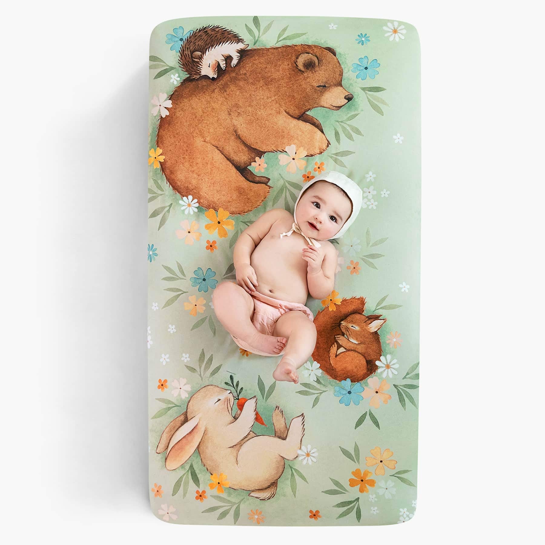 Rookie Humans Enchanted Meadow crib sheet print detail highlights vibrant hand-painted-like colors for photos.