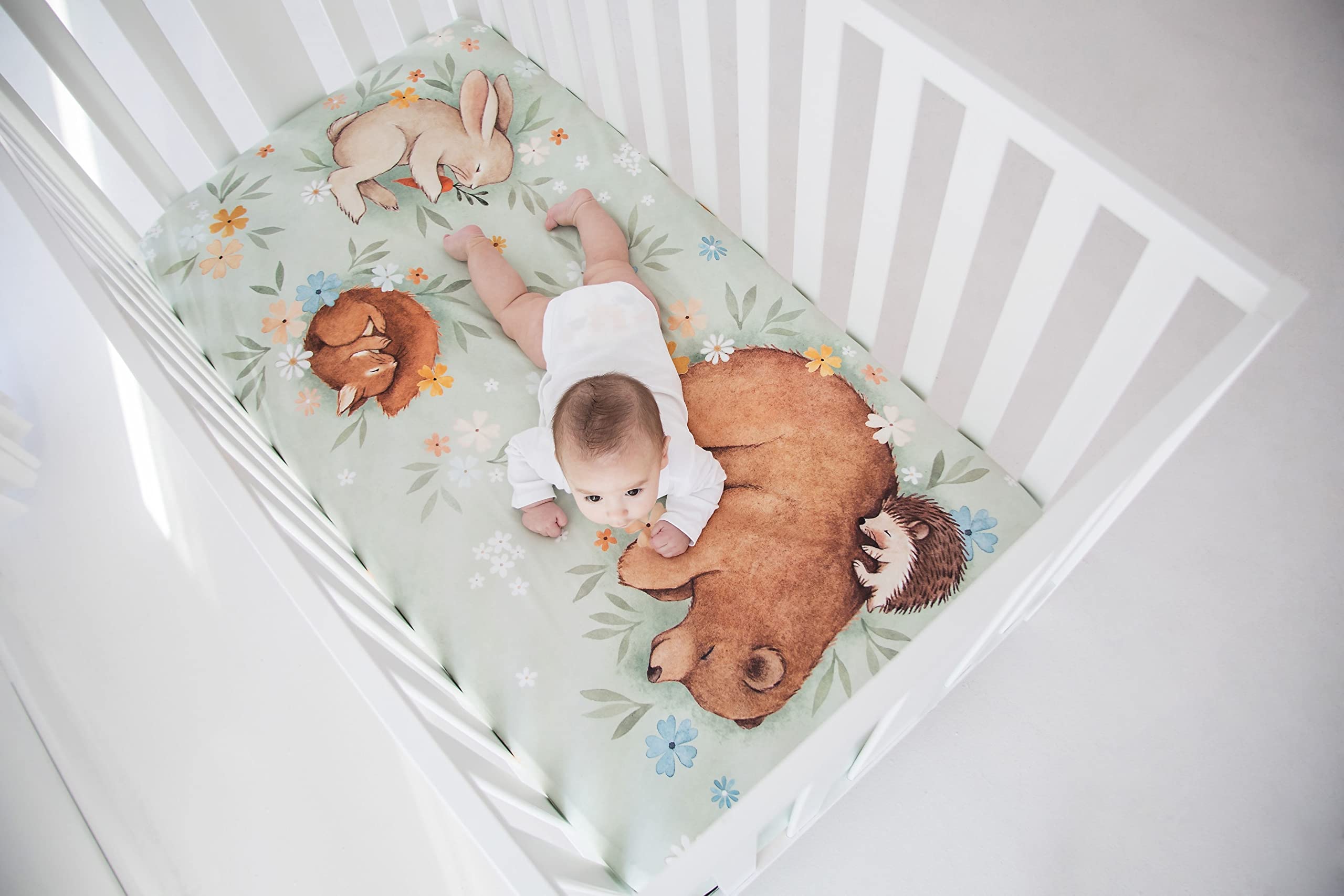 Rookie Humans Enchanted Meadow crib sheet fits standard crib size 28 x 52 inches.