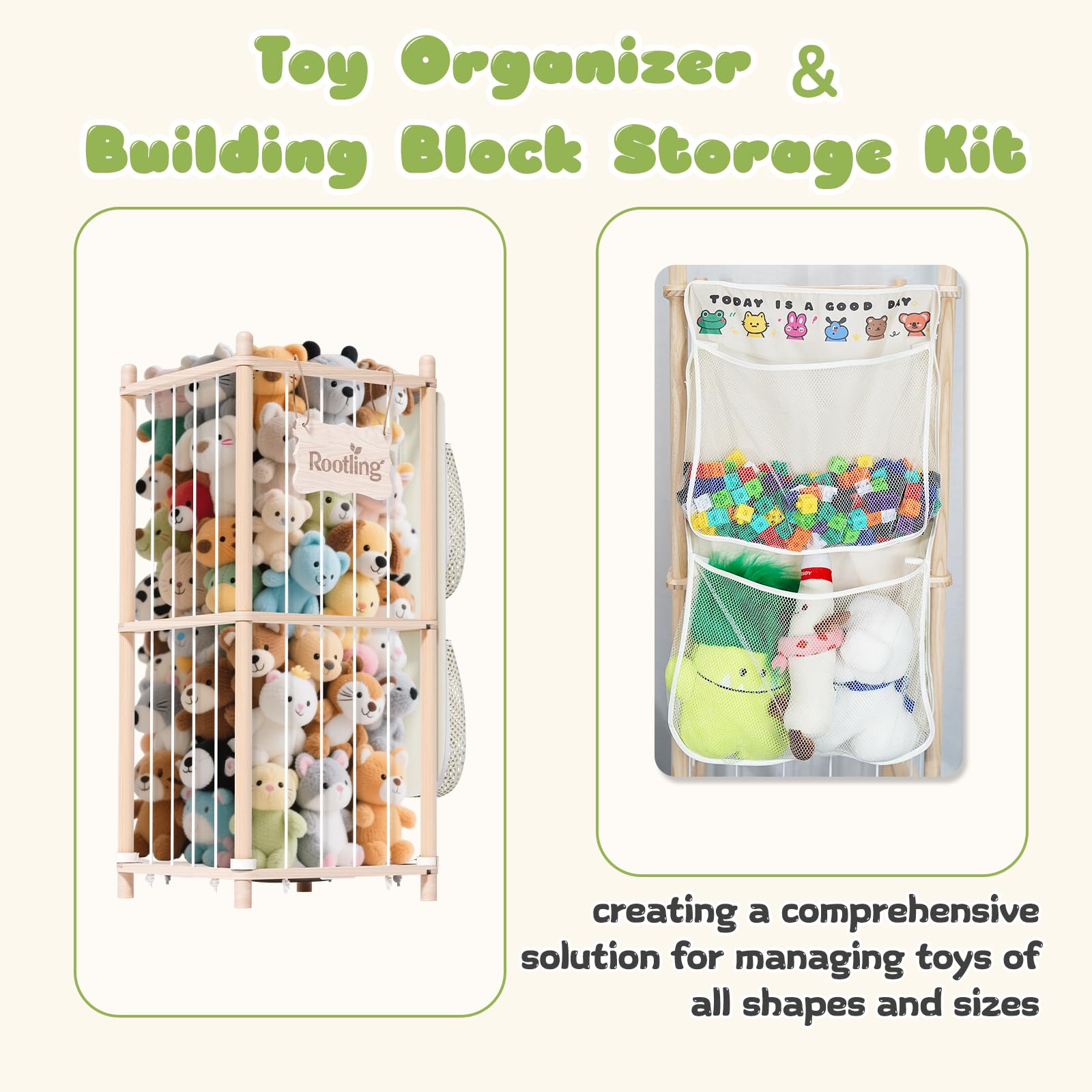 Rootling building-block storage pouch helps tidy blocks and small toys after play.