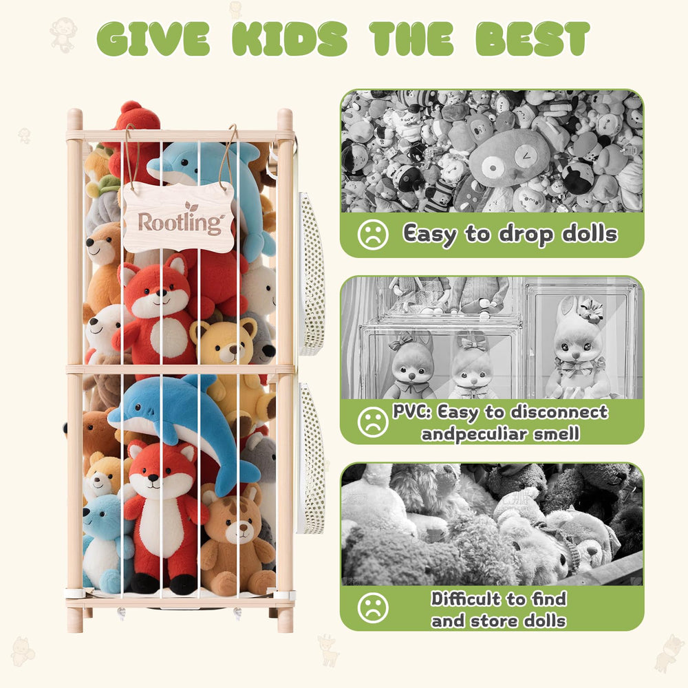 Rootling reinforced joints and screws ensure sturdy support for heavy plush toys.