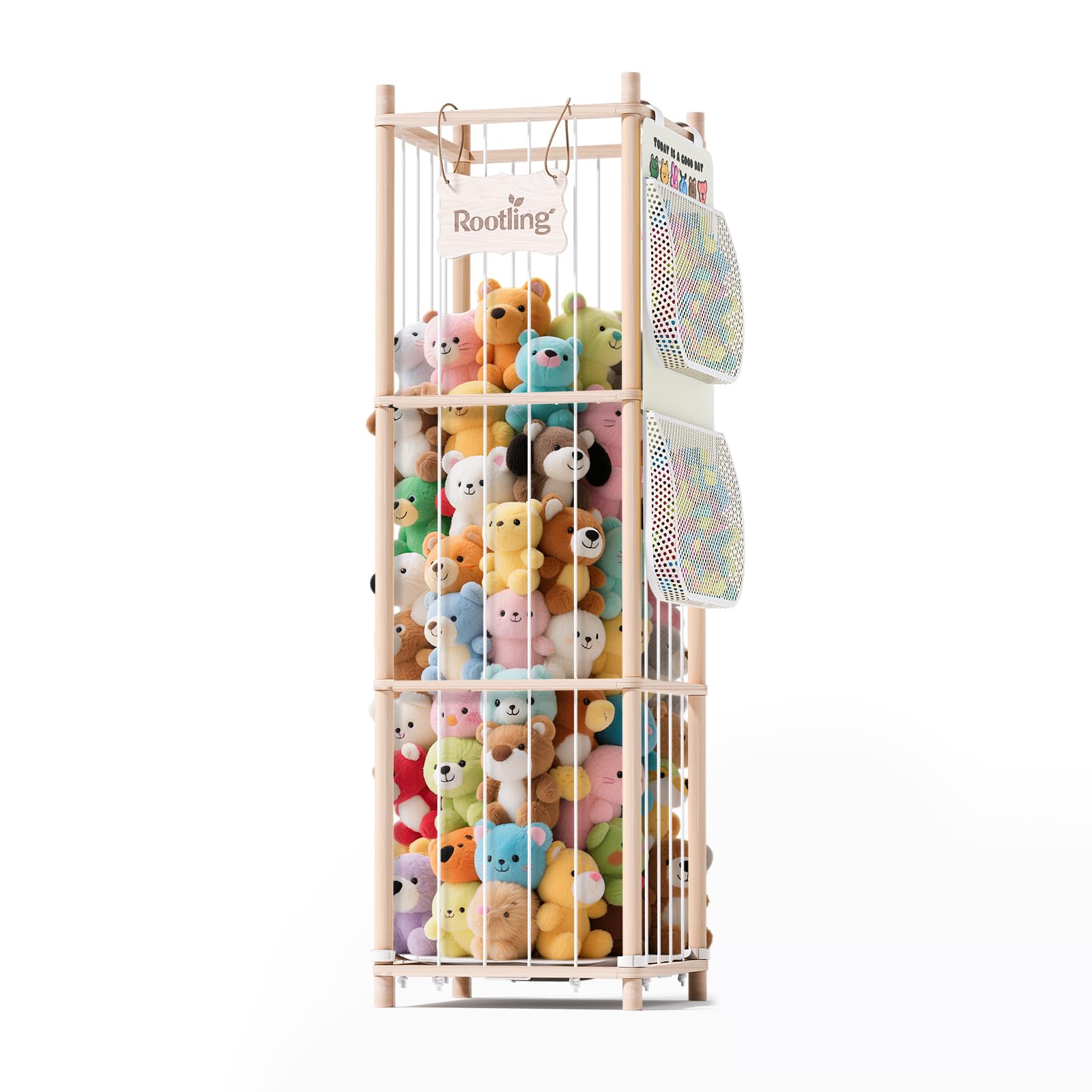 Rootling stuffed animal storage unit tall wooden zoo toy holder keeps rooms tidy.