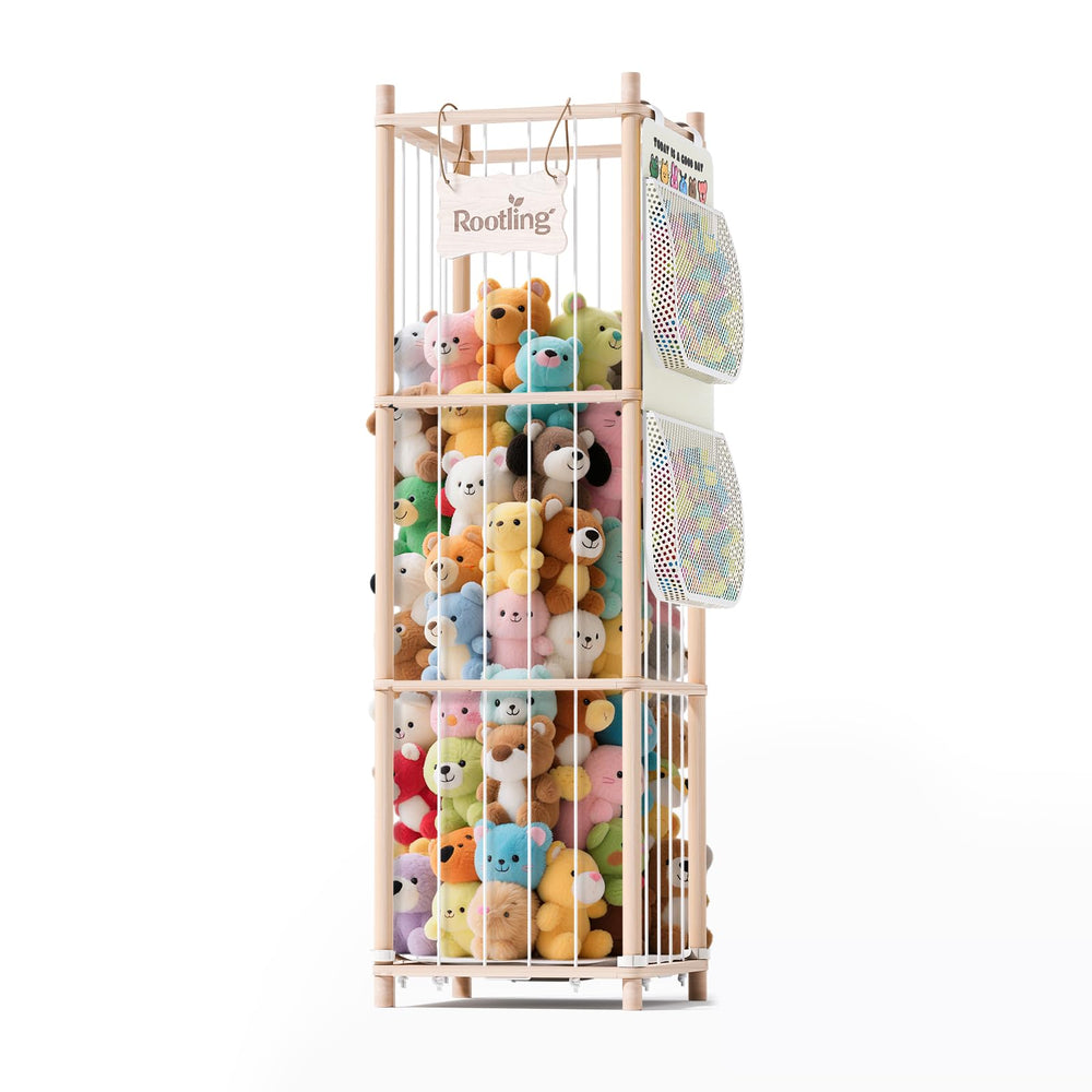 Rootling stuffed animal storage unit tall wooden zoo toy holder keeps rooms tidy.