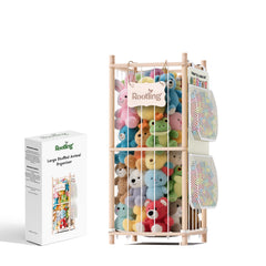 Rootling stuffed animal storage tower keeps plush toys organized in a kid-friendly display.