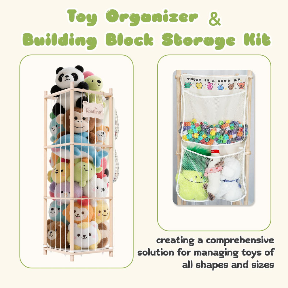 Rootling wooden animal organizer shown in side view reveals spacious plush toy storage.