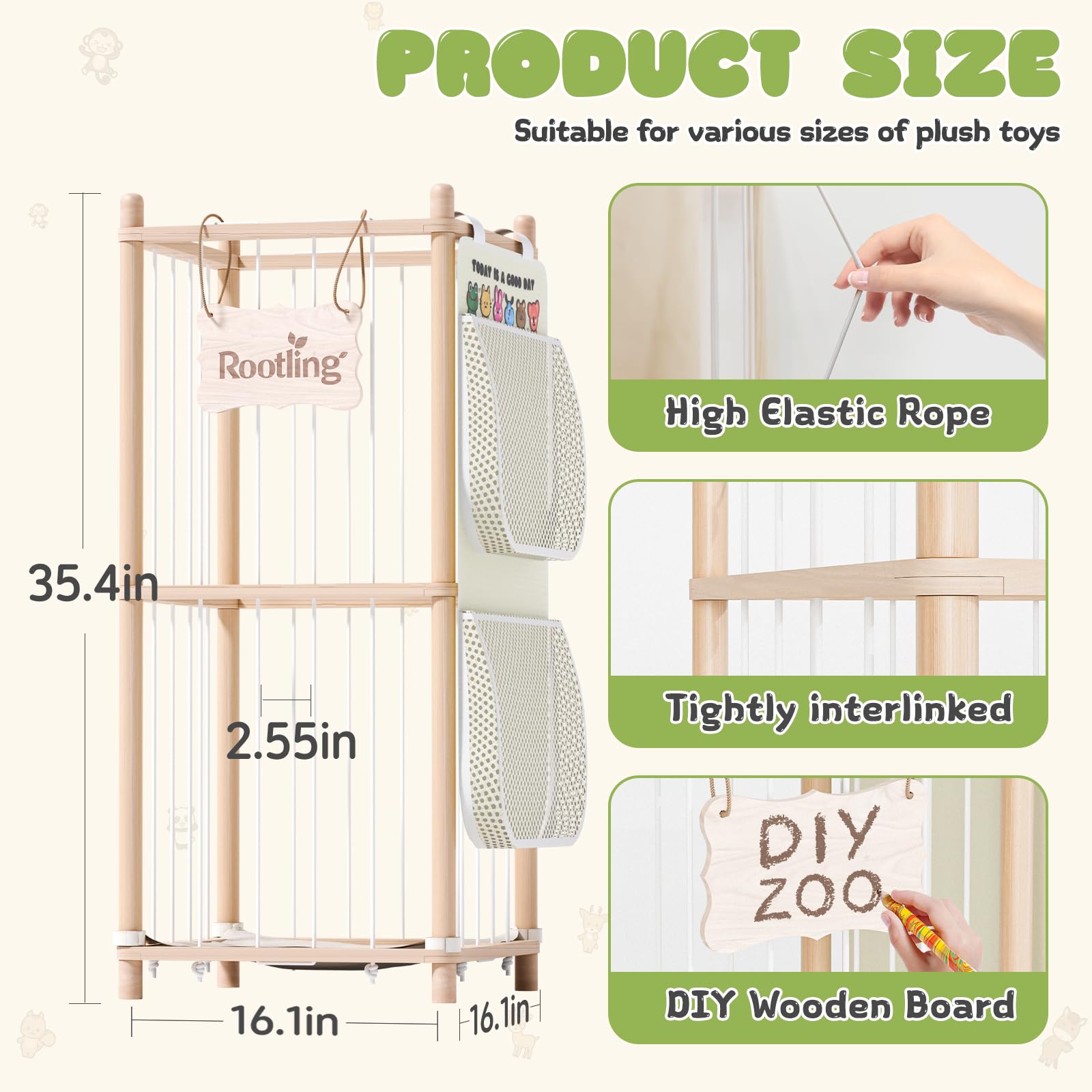 Rootling zoo toy organizer sits in a toddler room for easy toy access and visibility.