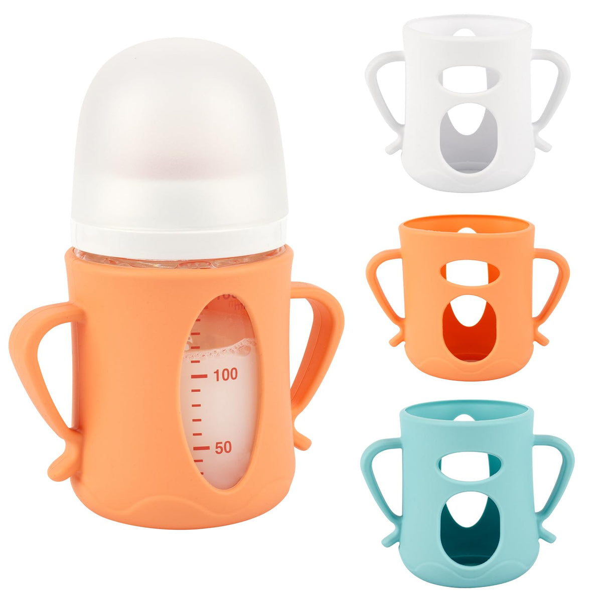 ROPOSY silicone sleeves on a pigeon glass bottle provide anti-breakage protection and grip