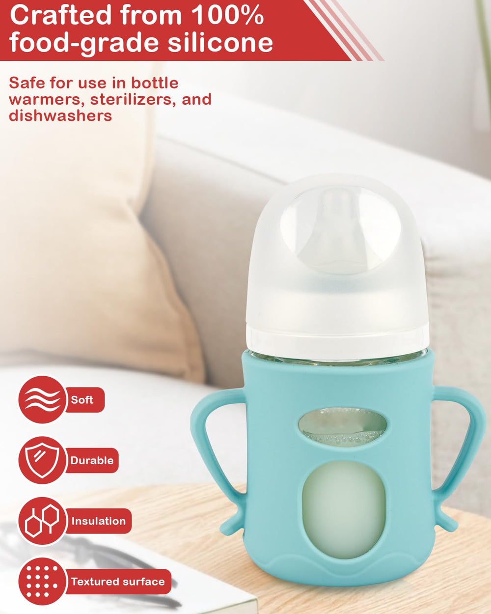 ROPOSY bottle handle close-up shows comfortable grip for parent feeding