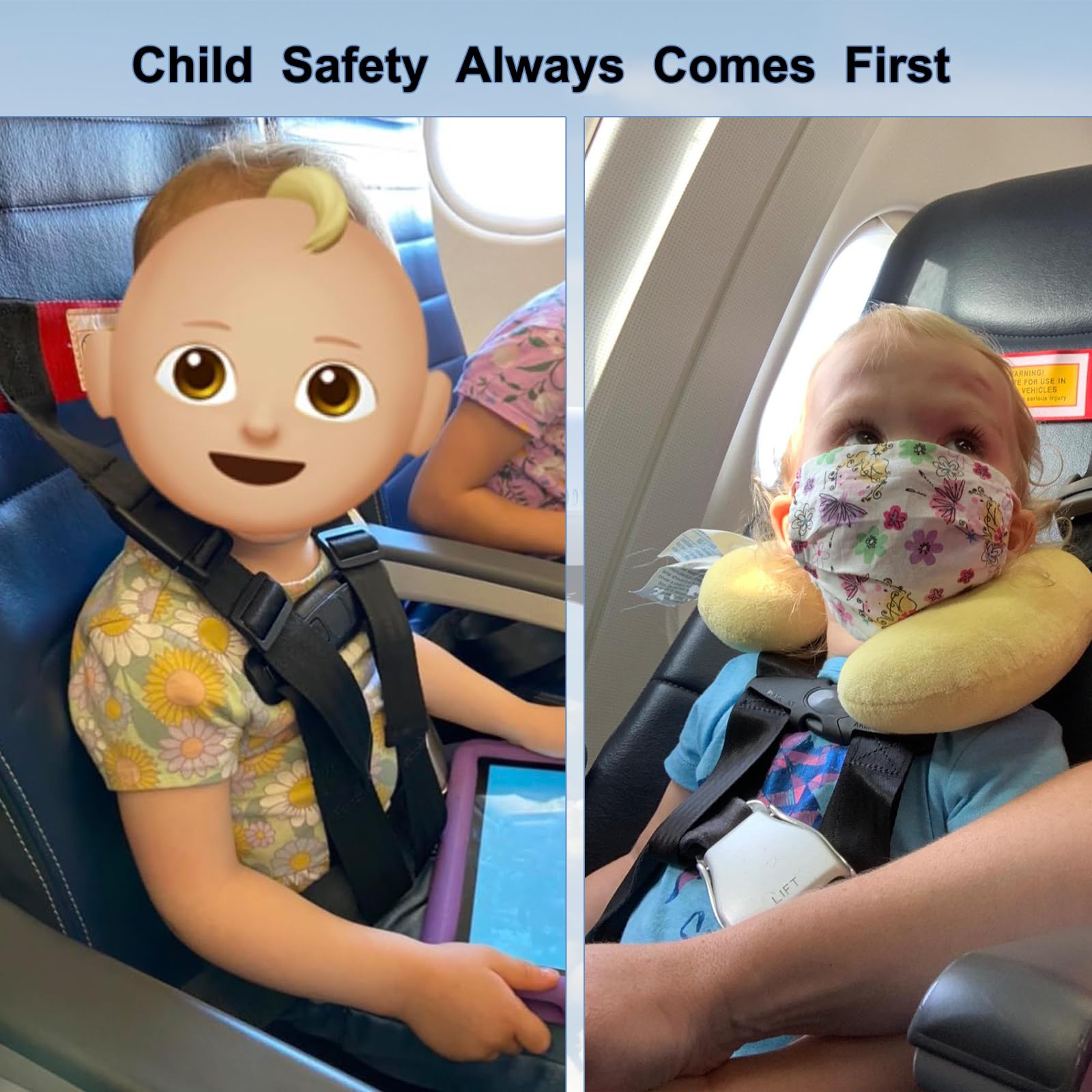 ROSROSE universal-fit airplane seat attachment showing adjustable straps