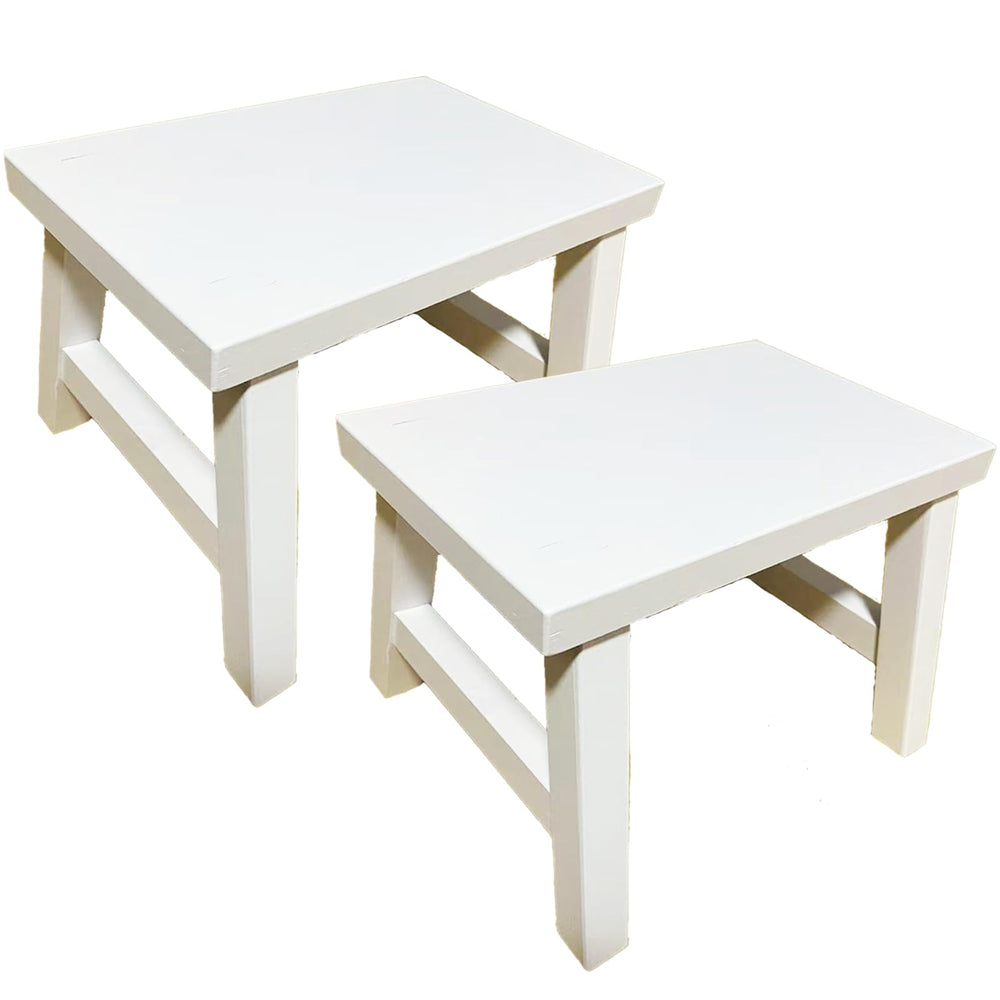Rose and burlap wooden step stool front view, sturdy white design for potty training.