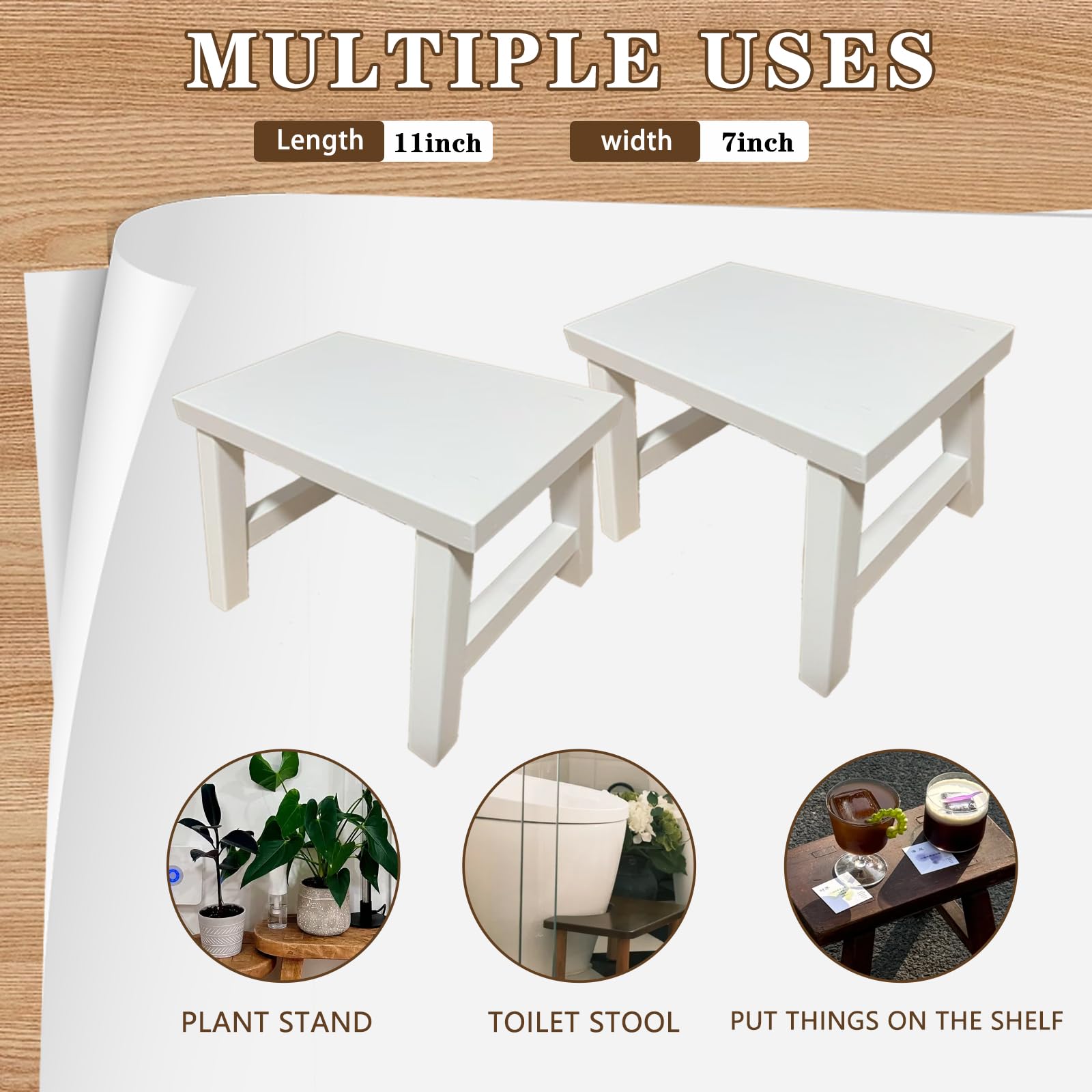 Rose and burlap wooden step stool side view, compact footprint for small spaces.