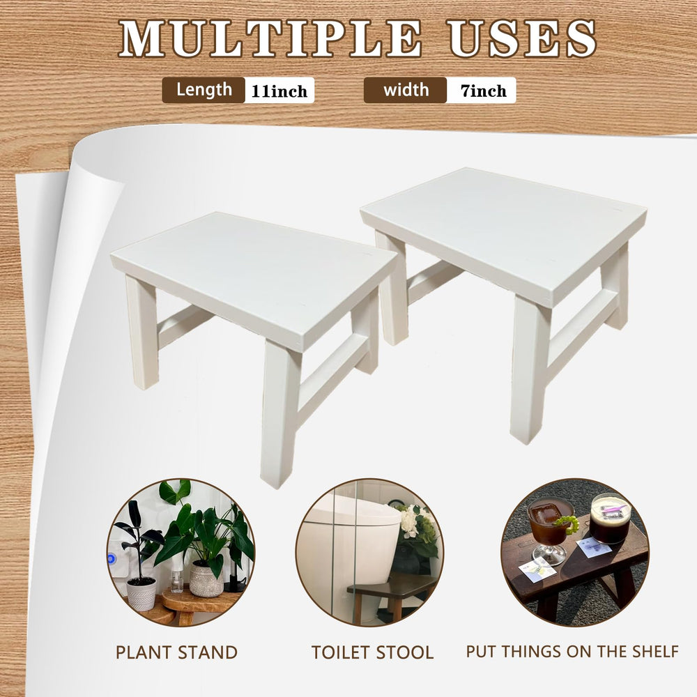 Rose and burlap wooden step stool side view, compact footprint for small spaces.