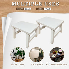 Rose and burlap wooden step stool side view, compact footprint for small spaces.
