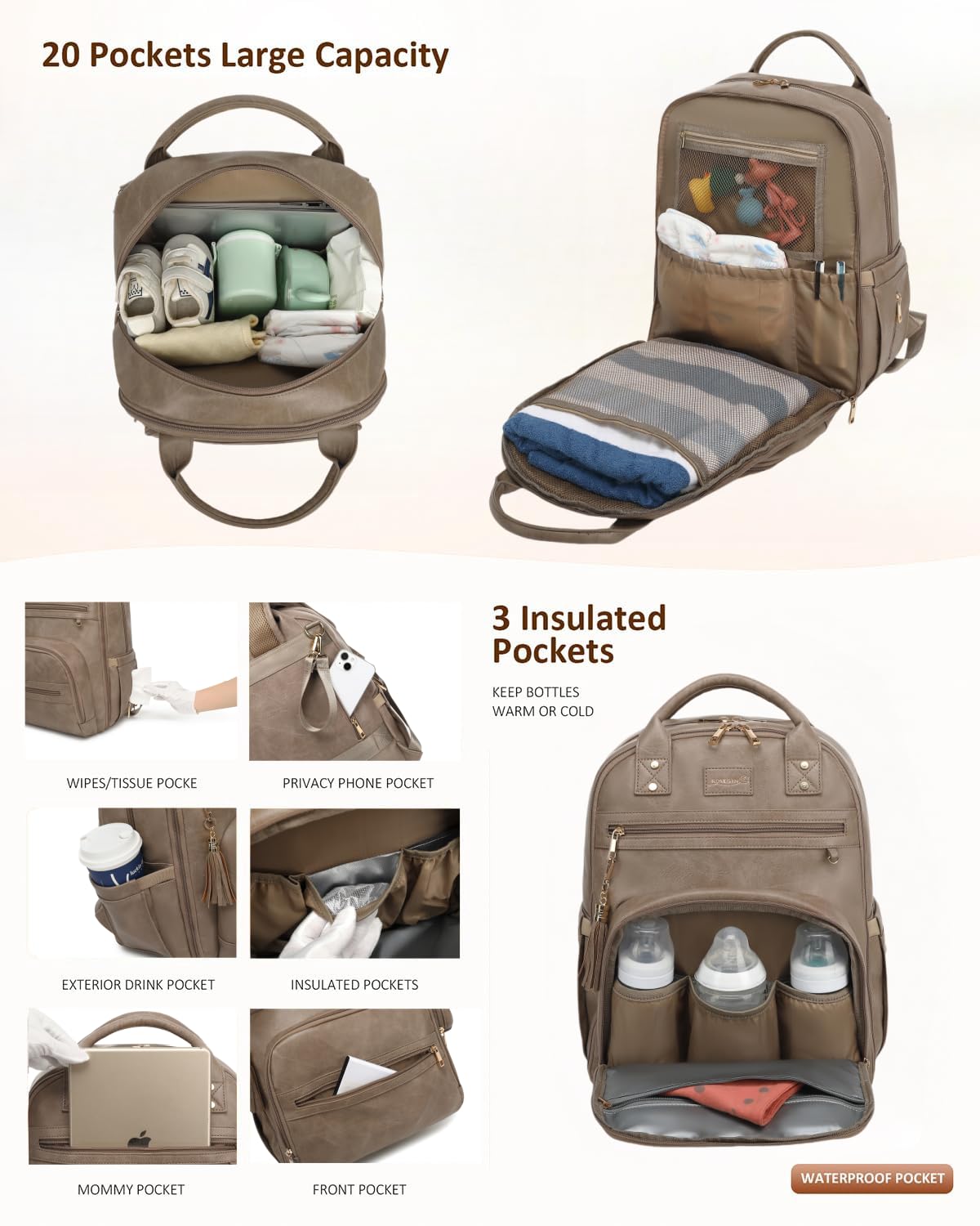 ROSEGIN vegan leather diaper bag backpack interior showing dual main compartments for separation