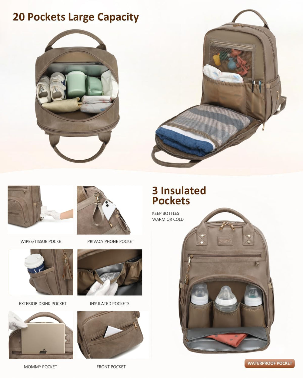 ROSEGIN vegan leather diaper bag backpack interior showing dual main compartments for separation