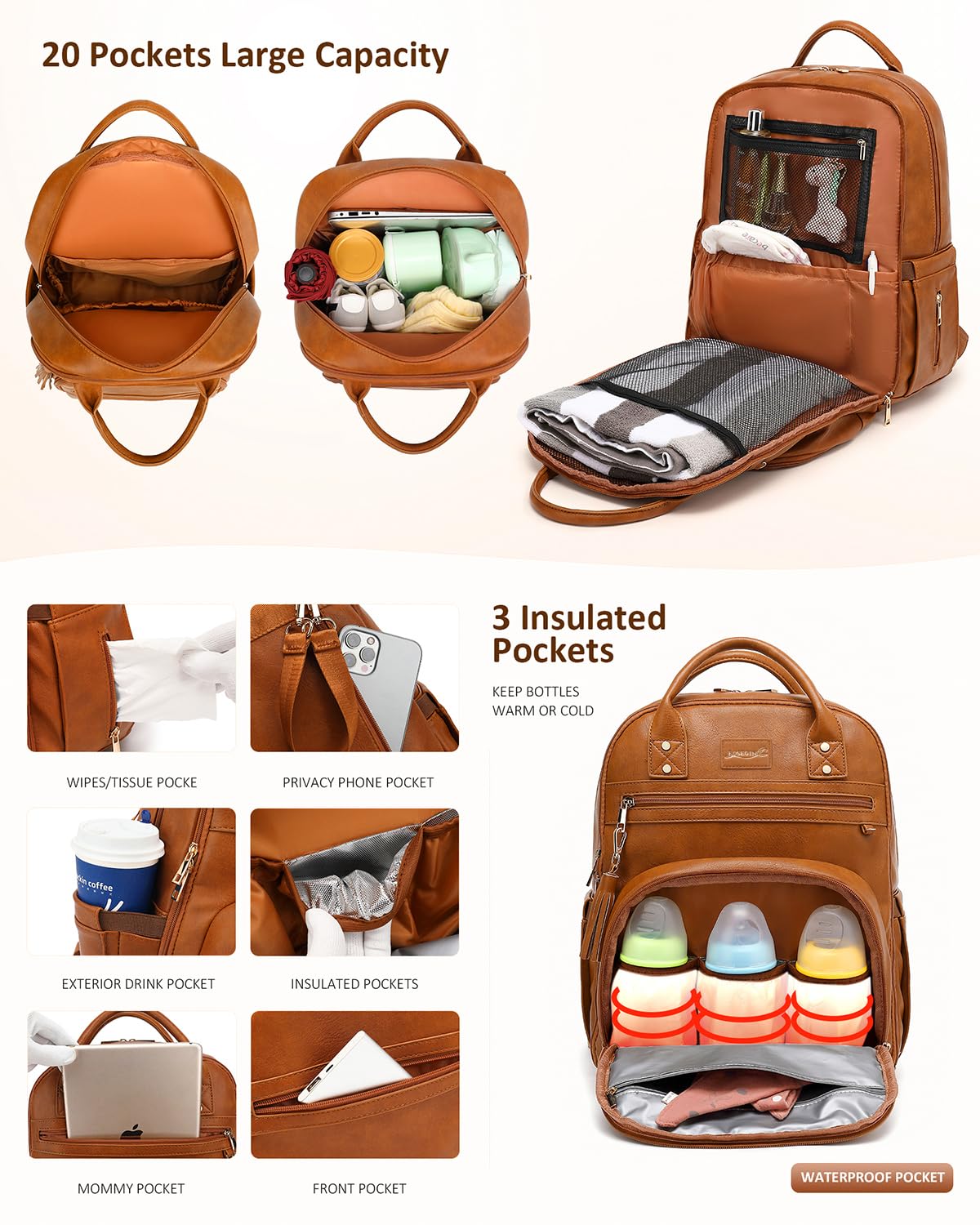 ROSEGIN diaper bag changing pad folds out to a waterproof surface for on-the-go changes.