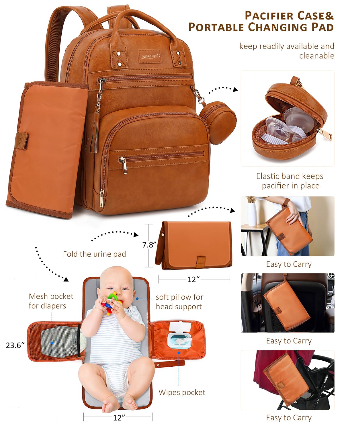 ROSEGIN diaper bag with stroller straps shown for hands-free outings.