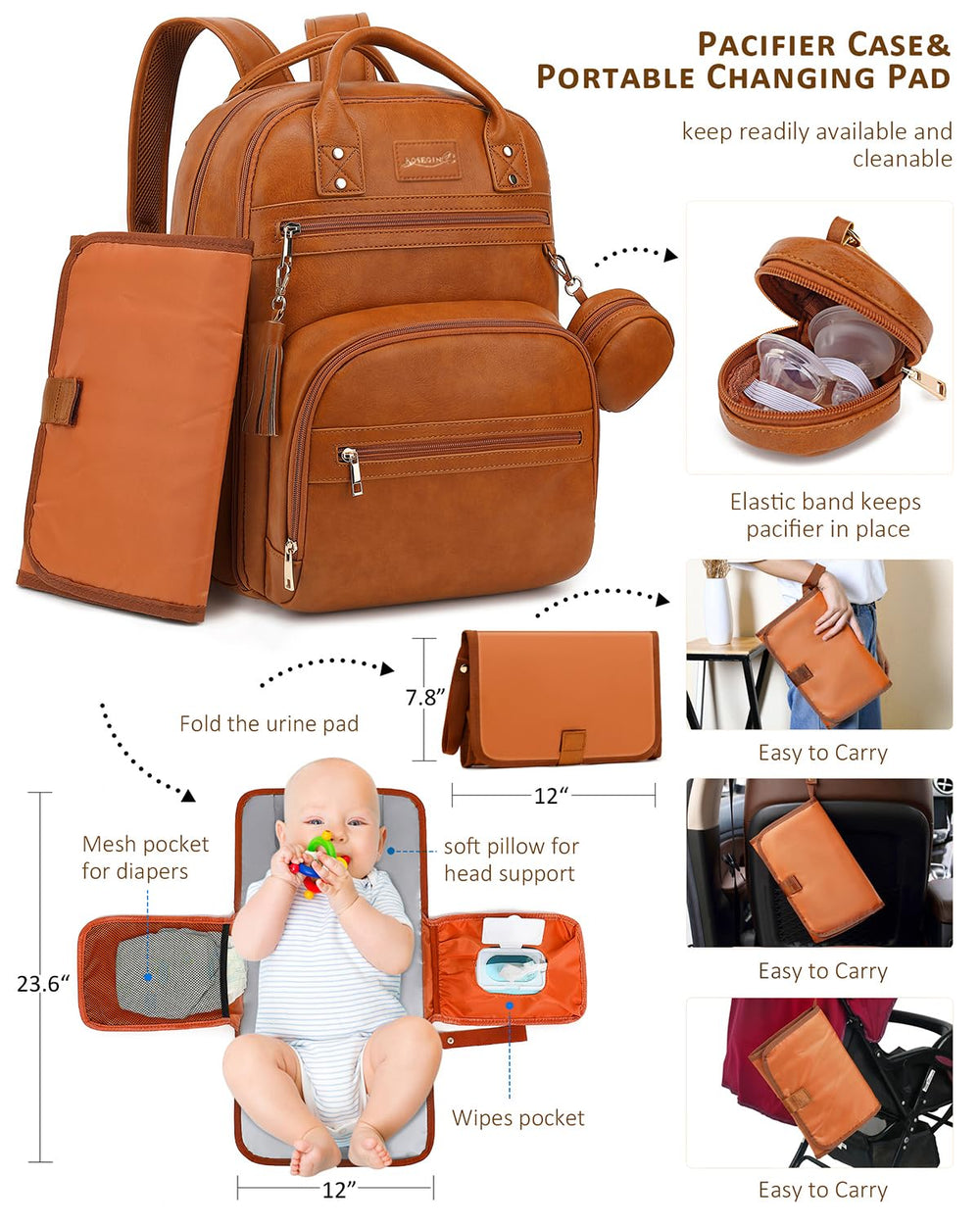 ROSEGIN diaper bag with stroller straps shown for hands-free outings.