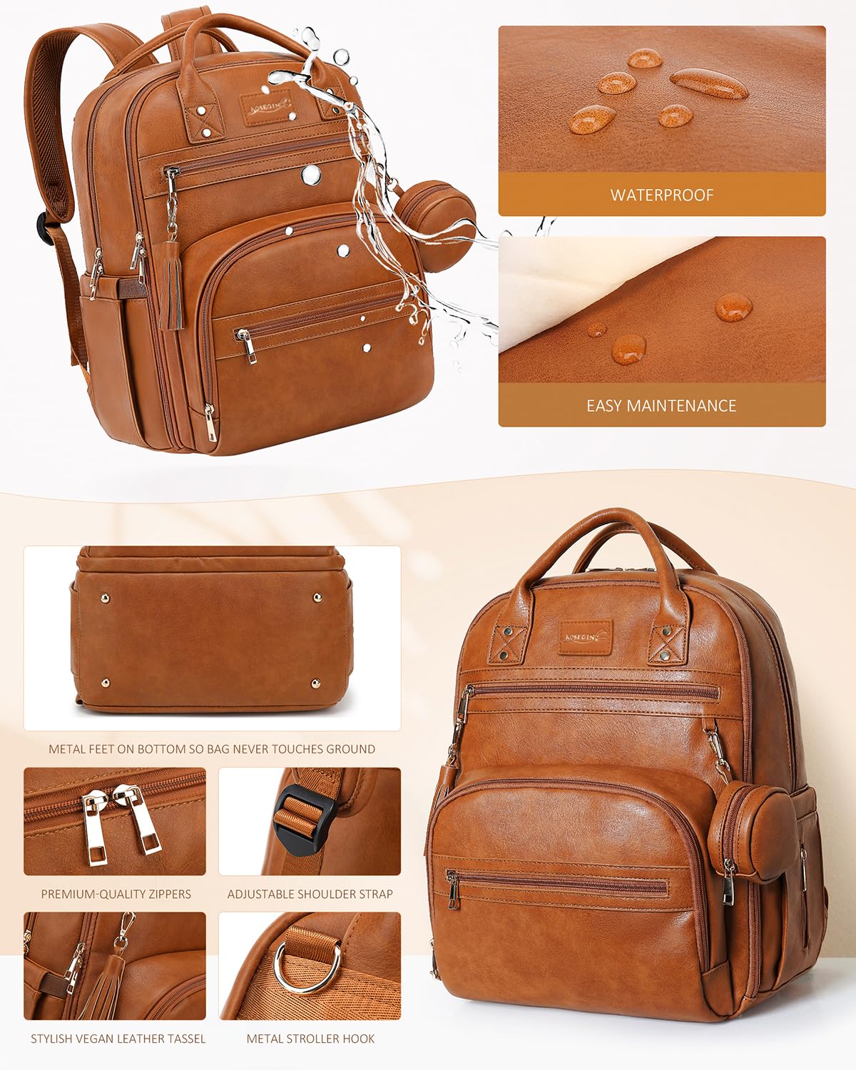 ROSEGIN vegan leather exterior stands up to daily use and is easy to wipe clean.